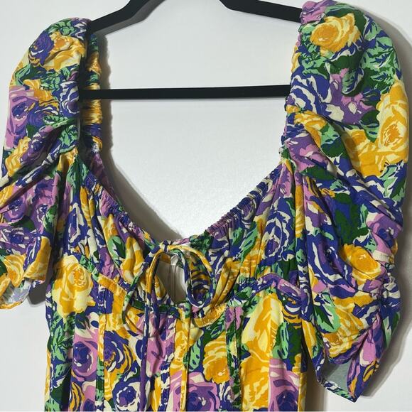 Zara Purple/Yellow/Blue Floral Corset Style Puff Sleeve Mini Dress Small NWT - Picture 4 of 8